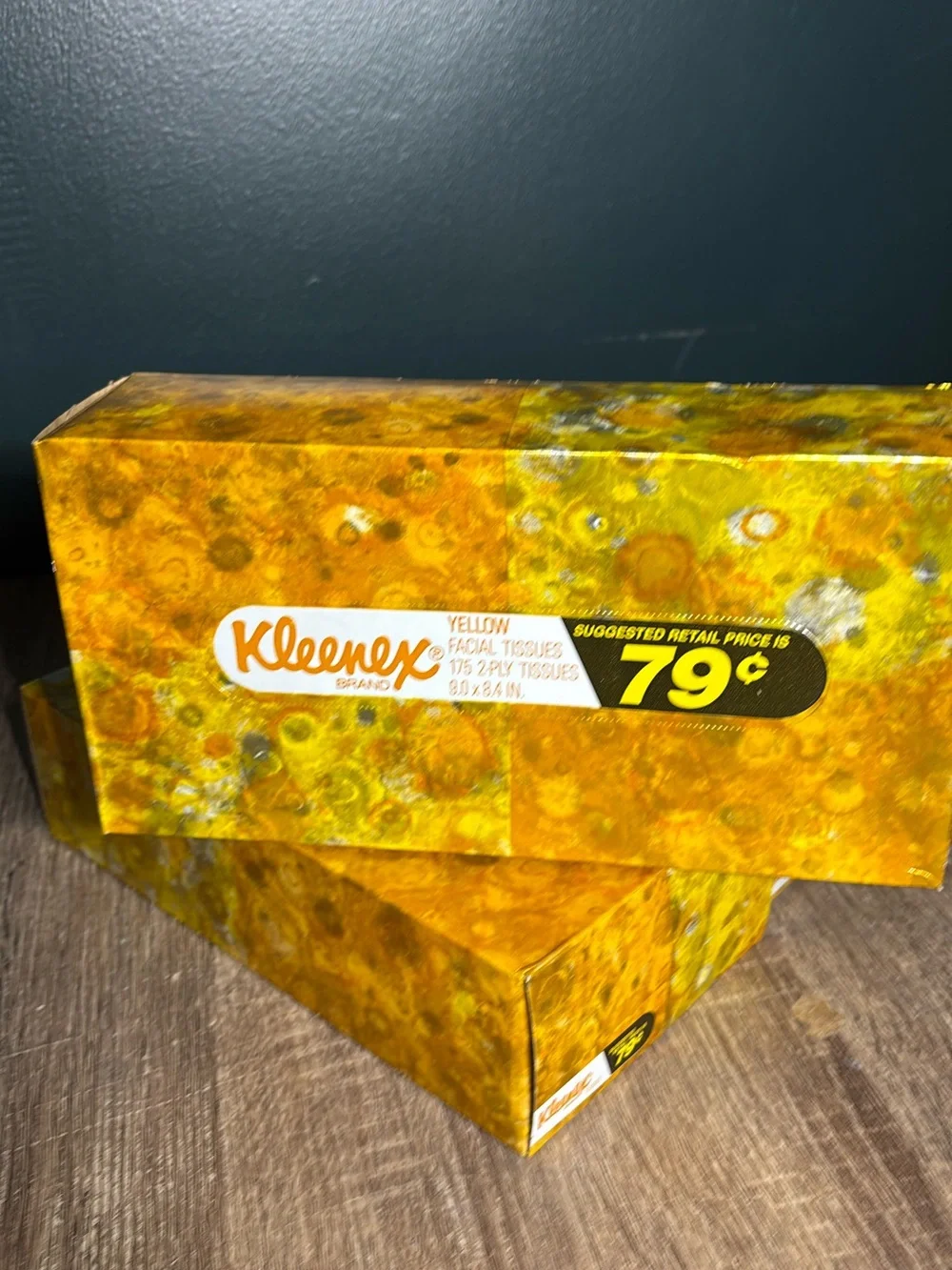 3 Vtg Yellow Kleenex Tissue Blue Box 175 2-Ply Tissues Shiny Foil Look Box